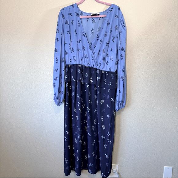 Eloquii Blue Floral Peplum Midi Dress Womens 20 Long Sleeve Modest Casual Boho - Picture 1 of 8